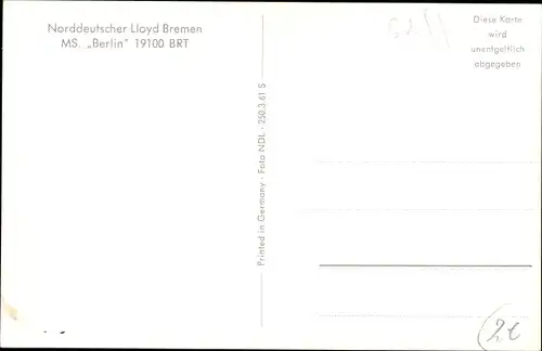 Ak Dampfschiff MS Berlin, Norddeutscher Lloyd