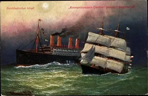 Künstler Ak Norddeutscher Lloyd Bremen, Dampfer Kronprinzessin Cecilie passiert Segelschiff