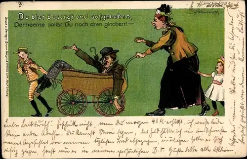 Künstler Ak Derheeme sollst Du noch dran glooben, Frau fährt betrunkenen Mann im Kinderwagen