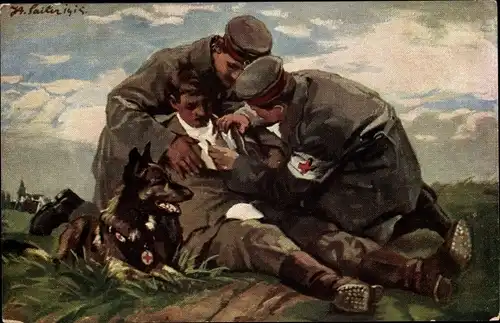 Künstler Ak Sailer, Der Sanitätshund im Felde, Verwundeter wird verbunden, Rotes Kreuz