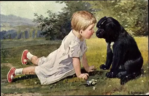 Künstler Ak Reckziegel, E., Wie heißt du, Kind mit Hund, BKWI 2842