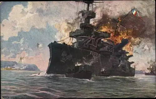 Künstler Ak Schulze, Hans Rudolf, Französisches Kriegsschiff, Panzerschiff Bouvet, Dardanellen