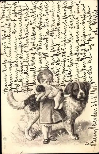 Litho Bernhardiner, Kind mit Hund und Hundewelpe