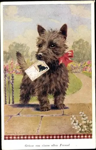 Künstler Ak Valter, F. E., Hund mit Postkarte im Maul, Katze, Grüße von einem alten Freund