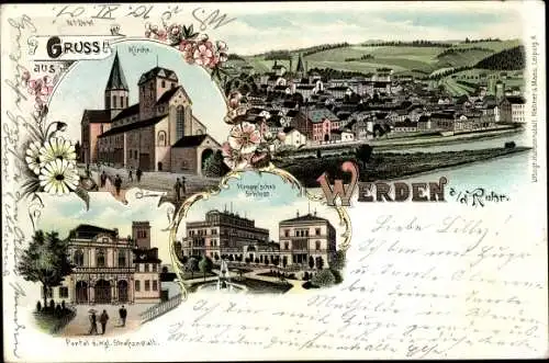 Litho Werden Essen im Ruhrgebiet, Stadtansichten, Kirche, Panorama, Schloss, Strafanstalt