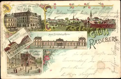 Litho Radeberg in Sachsen, Totalansicht, Bahnhofsgebäude, Markt, Hotel zum Kaiserhof