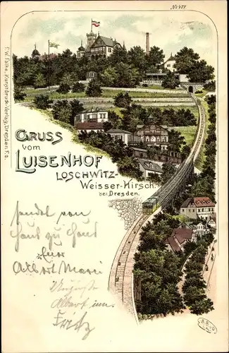 Litho Dresden Loschwitz, Weißer Hirsch, Luisenhof, Bergbahn, Standseilbahn, Panorama vom Ort