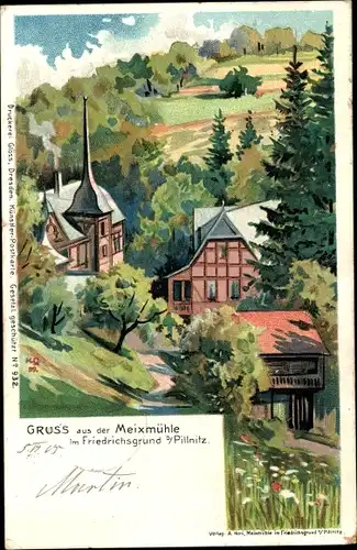 Künstler Litho Dresden Nordost Pillnitz, Meixmühle im Friedrichsgrund