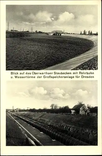 Ak Dresden West Oberwartha, Staubecken mit Rohrbahn, Wassertürme