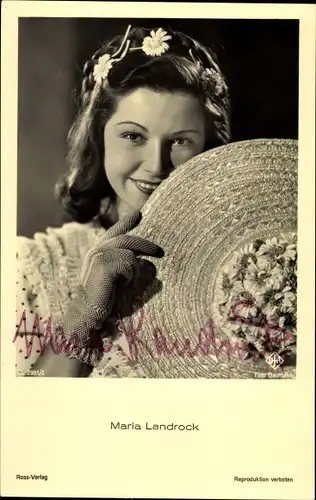Ak Schauspielerin Maria Landrock, Portrait, Autogramm, Hut, Blumen in den Haaren