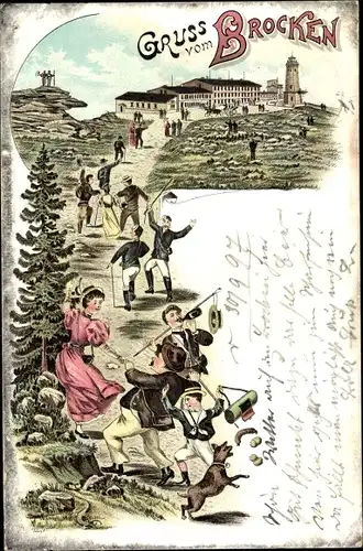 Litho Brocken Nationalpark Harz, Brockenhaus, Wanderer