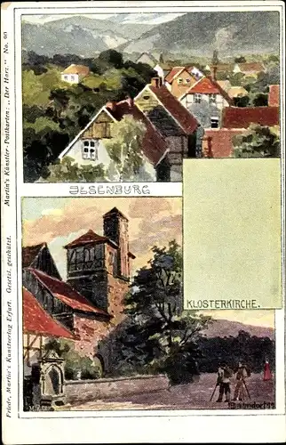 Künstler Ak Bahndorf, H., Ilsenburg am Nordharz, Blick über den Ort, Klosterkirche