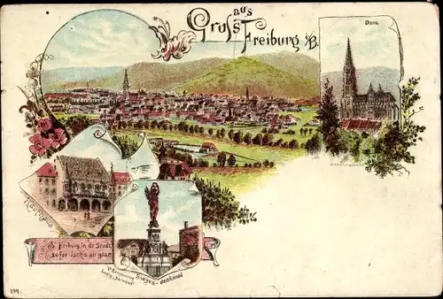 Litho Freiburg im Breisgau, Totale, Dom, Siegesdenkmal