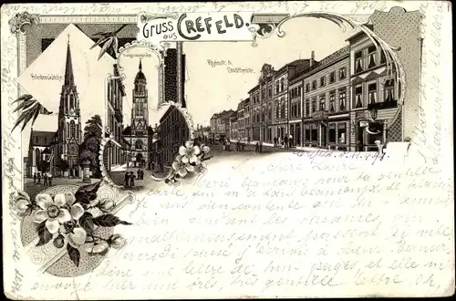 Litho Krefeld am Niederrhein, Friedenskirche, Straßenpartie, Theater