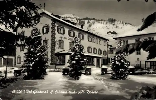 Ak Santa Cristina Valgardena Südtirol, Hotel Alb. Dosses im Winter