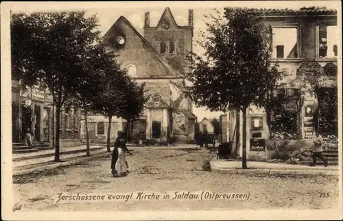 Ak Działdowo Soldau Ostpreußen, Zerschossene evangelische Kirche, 1. WK