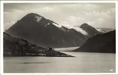 Ak Svartisen Norge Norwegen, Schwarzeis, Hütten am Ufer