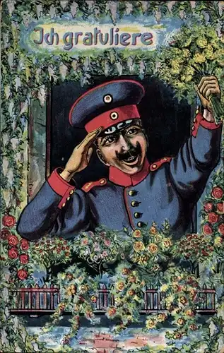 Ak Ich gratuliere, Soldat in Uniform mit Blumenstrauß