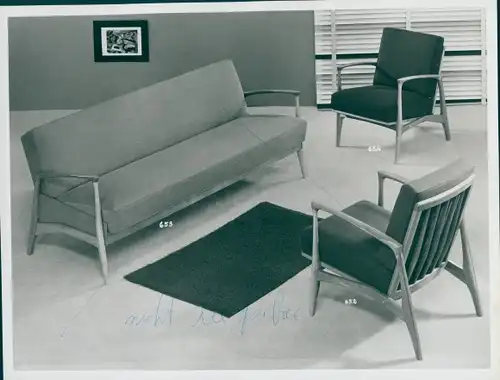 Foto Wohnzimmermöbel, Sitzgruppe, Sofa 653, Sessel 652, 50er Jahre, Reklame