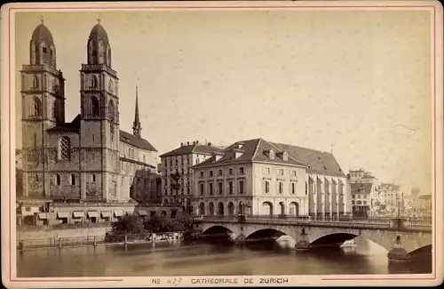 Kabinettfoto Zürich Stadt Schweiz, Cathedrale, Brücke, 1879, Fotograf Garcin, Genf