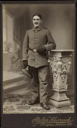 CdV Soldat, Kaiserreich, Uniform, Standportrait, Torgau, Schloss Str., Atelier Franz Heinrich