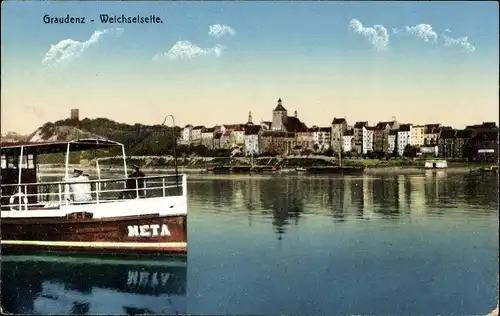 Ak Grudziądz Graudenz Westpreußen, Weichselseite, Boot Meta