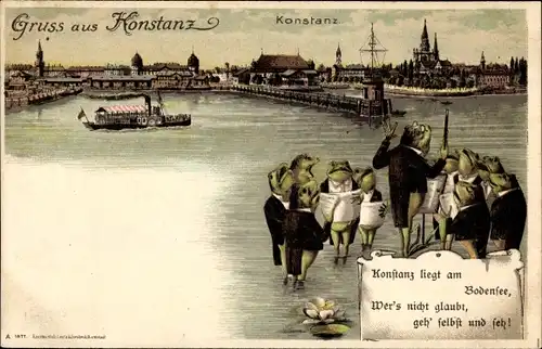 Litho Konstanz am Bodensee, Blick über den Hafen, singende Frösche