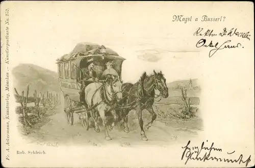 Litho Frau und Mann in der Kutsche, Pferde, Magst a Busserl?