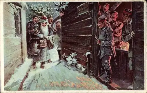 Künstler Ak Des feldgrauen Weihnachtsmannes Eintreffen im Schützengraben, Kriegsweihnacht, I. WK