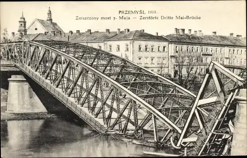 Ak Przemyśl Polen, most 3 Maja, Zerstörte 3. Mai Brücke, 1915
