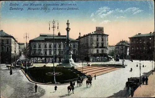 Ak Lwów Lemberg Ukraine, Plac Maryacki z pomnikiem Mickiewicza