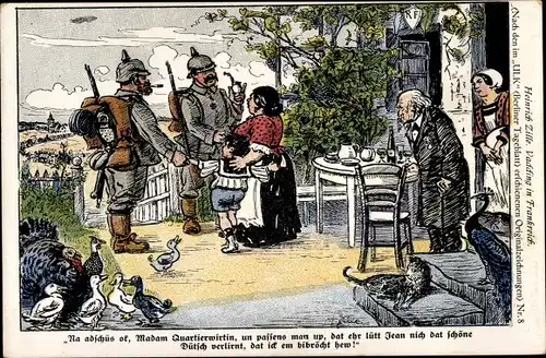 Künstler Ak Zille, Heinrich, Vadding in Frankreich Nr 8, Na adschüs ok, Madam Quartierwirtin