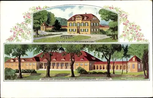 Ak Bad Lauchstädt Saalekreis, Brunnenversand der Heilquelle, Verwaltungsgebäude, Abfüllräume