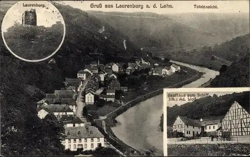 Ak Laurenburg an der Lahn, Gesamtansicht, Gasthaus zum Schiff, Inh. Ad. Wolf, Burgruine