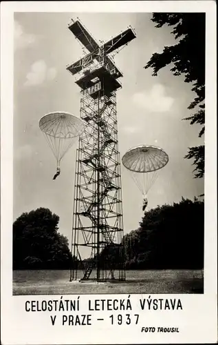 Ak Praha Prag Tschechien, Celistatni Letecka Vystava v Praze 1937, Fallschirmspringer, Sprungturm