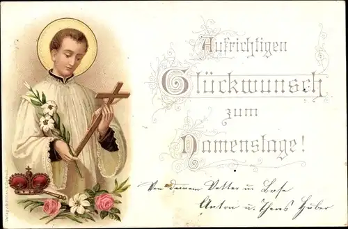 Litho Glückwunsch Namenstag, Priester mit Kreuz, Lilie