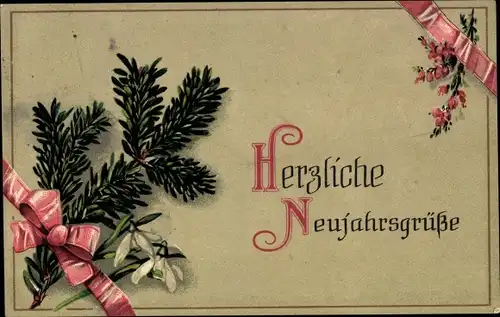 Ak Glückwunsch Neujahr, Tannenzweige, Schneeglöckchen