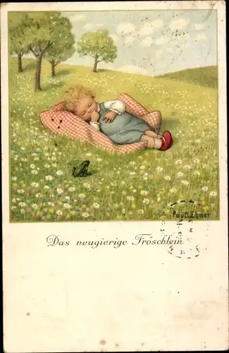 Künstler Ak Ebner, Pauli, Das neugierige Fröschlein, schlafendes Kind