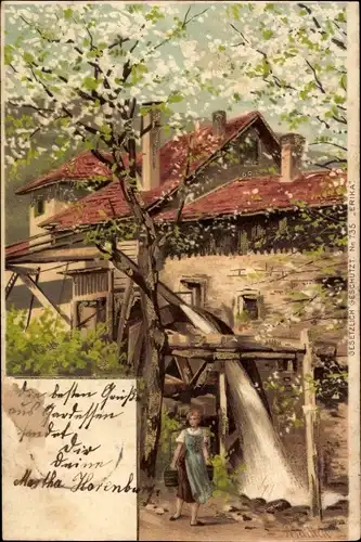 Künstler Litho Mailick, Frau vor einer Wassermühle