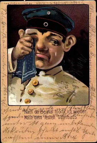 Litho Nach der Heimat möcht ich wieder, weinender Soldat