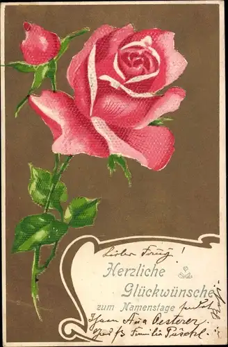 Litho Glückwunsch Namenstag, Rosenblüte