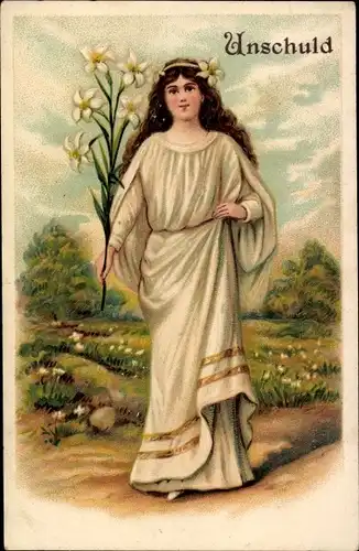Präge Ak Unschuld, Frau mit Lilie, Allegorie