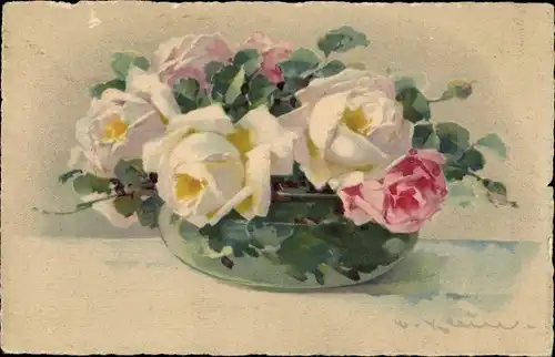 Künstler Ak Catharina Klein, Weiße und rosa Rosen in Vase, Meissner & Buch 2412