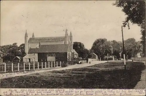 Ak Barnet London England, Mill Hill Church and Green, Kirche