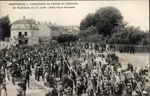 Ak Montereau Seine et Marne, Concours de Peche, Festival de Musique, Defile Place Gambetta