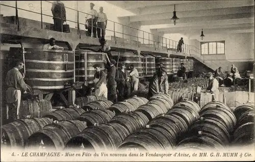 Ak Avize Marne, Le Champagne, Mise en Futs du Vin nouveau dans le Vendangeoir d'Avise, GH Mumm & Cie