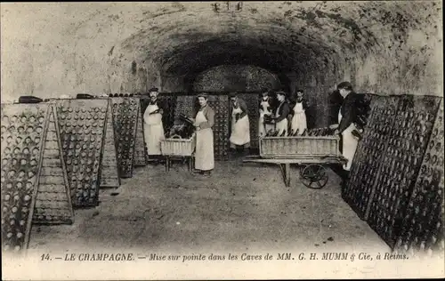 Ak Reims Marne, Mise sur pointe dans Caves de MM G H Mumm & Cie
