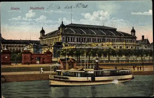 Ak Mainz Rheinland Pfalz, Stadthalle, Schiff, Passanten