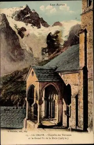 Ak La Grave Hautes Alpes, Chapelle des Terrasses et le Grand Pic de la Meije