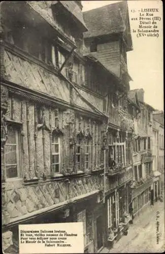 Ak Lisieux Calvados, La Rue aux Fevres, Detail du Manoir de la Salamandre